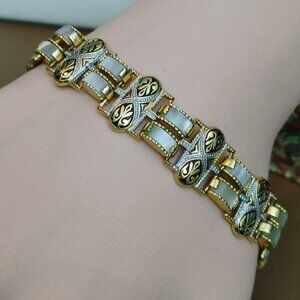 Toledo Damascene Link Bracelet Vintage Mother Pearl Inlays Gold Tone Fold Over